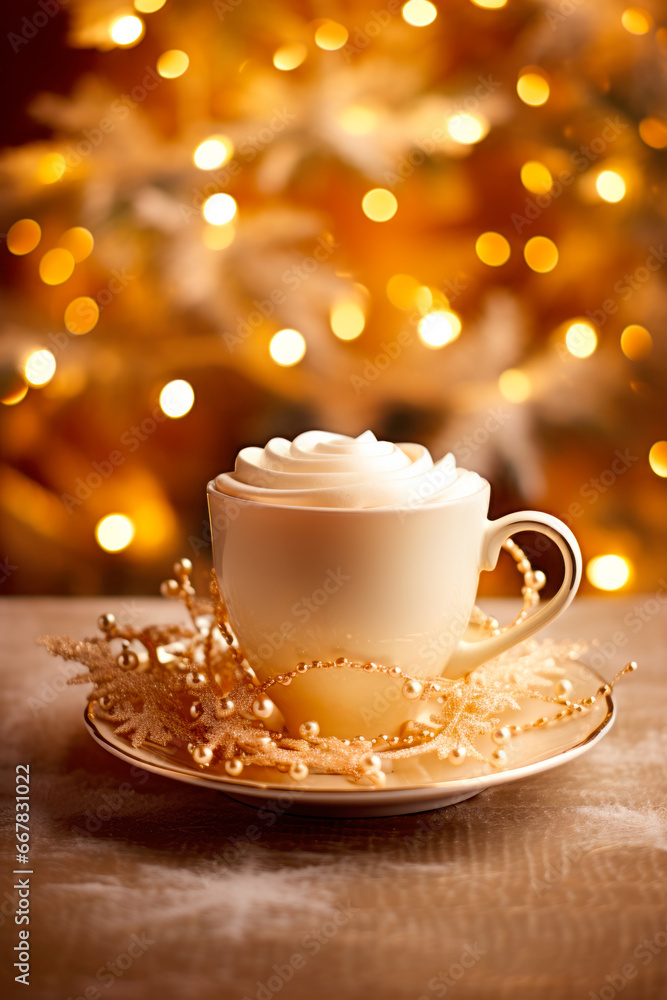 A white coffee with whipped cream in ceramic cup sitting on a black table and bokeh backdrop. Autumn and Winter mood. A white coffee with whipped cream in ceramic cup sitting on a black table and bokeh backdrop. Autumn and Winter mood.