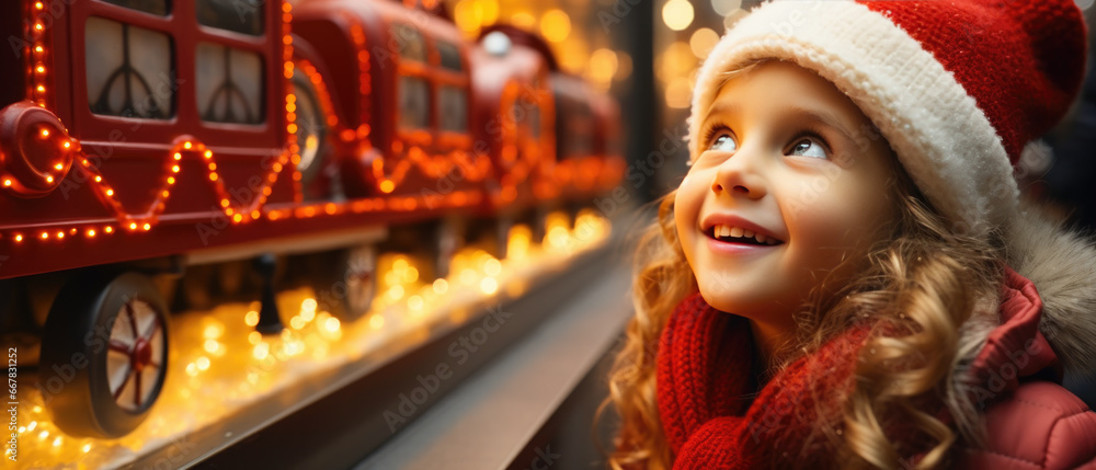 Little smilling girl on the street near a festive holiday  shop window display with Christmas decorations and garlands