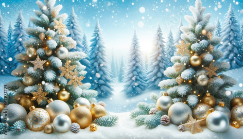 Magical winter landscape with glistening Christmas trees