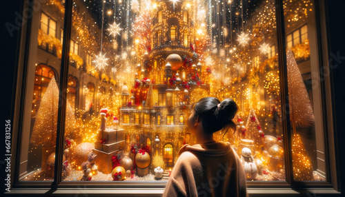 Little girl on the street near a festive holiday shop window display with Christmas decorations and garlands