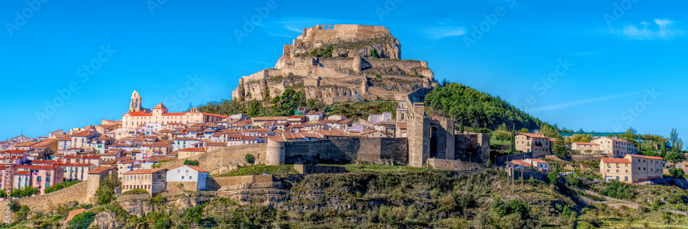 Morella Spain panoramic view of beautiful hilltop town with castle and church Castellon Province, Valencian Community
