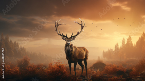 Majestic Deer Roaring in Misty Field Wildlife Photography © Don