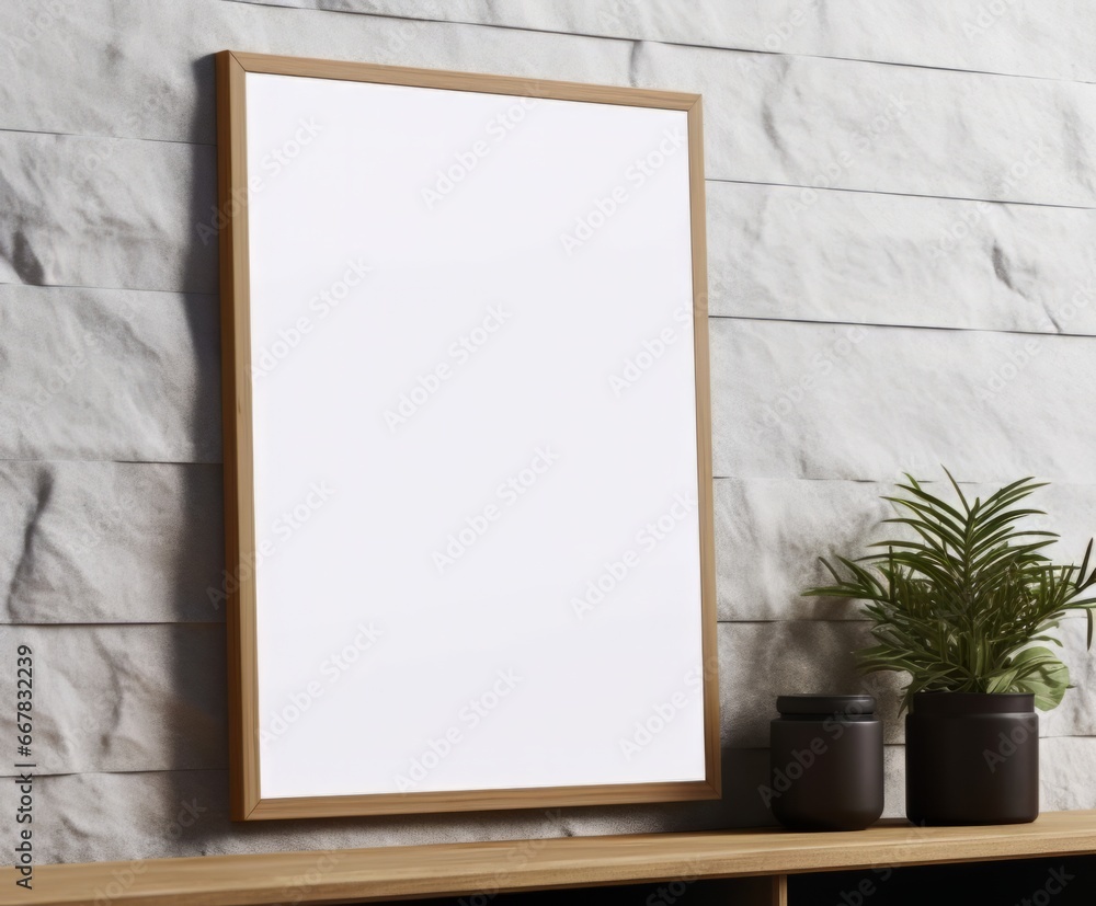 Wall art empty picture frame mockup on wooden desk, wall, table. Vase with olive branches, cactus. Elegant working space, home office concept. Wall art empty picture frame mockup on wooden desk, wall, table. Vase with olive branches, cactus. Elegant working space, home office concept.