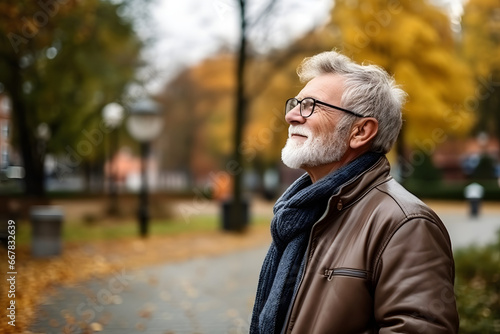 positive mature man in glasses with a cheerful mood, walking in the park