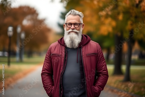 mature man in vision glasses who is happily walking through the autumn park