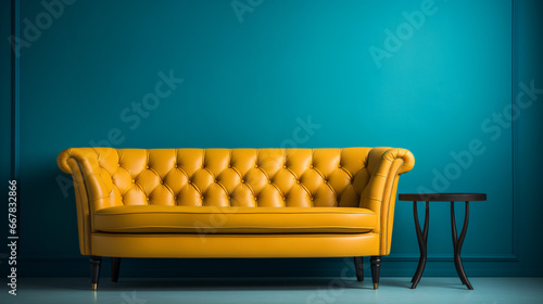 Modern yellow leather capitone chesterfield style armchair in a minimalist and modern environment with a large blue wall. Space for text. Copu space photo