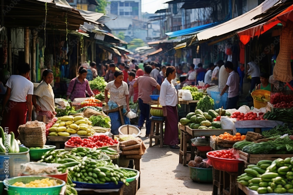 A bustling market with vendors selling fresh produce and local goods.