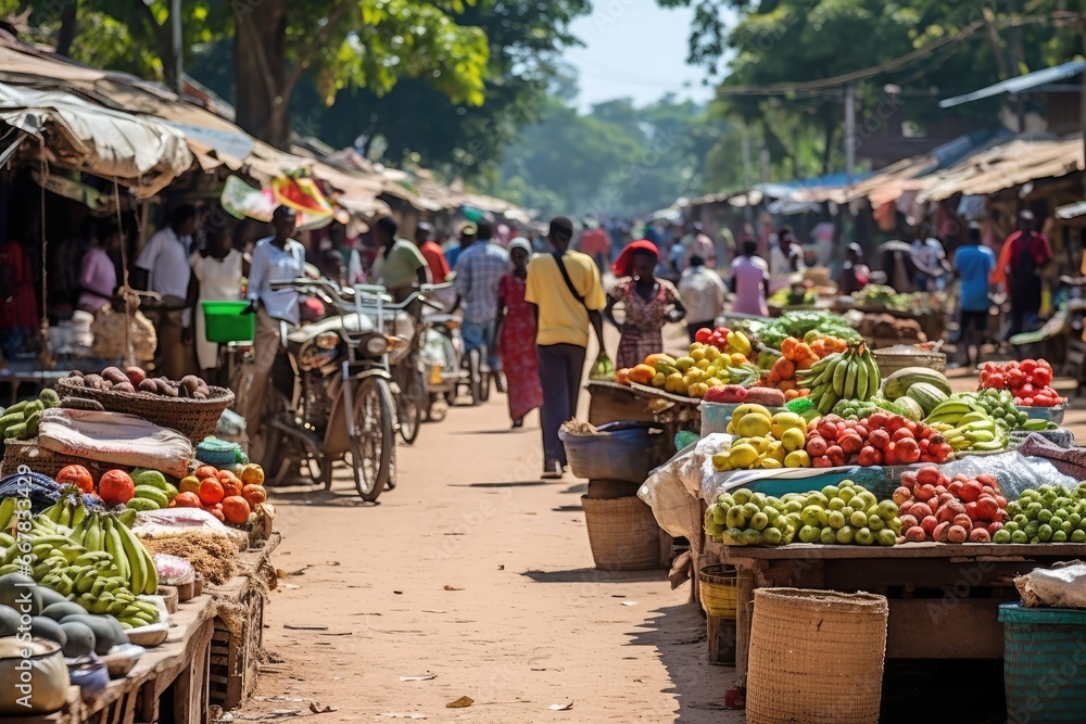 A bustling market with vendors selling fresh produce and local goods.