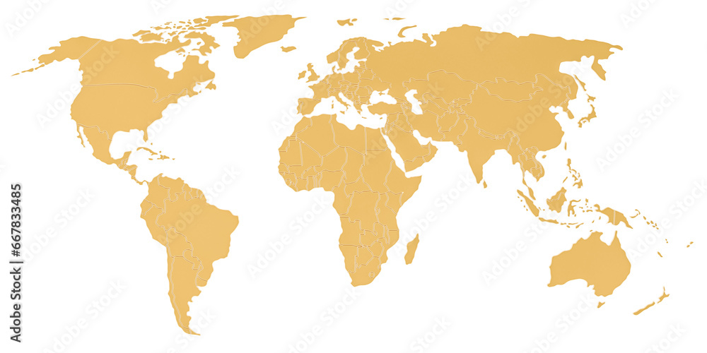 Golden map of Earth, 3D rendering isolated on transparent background