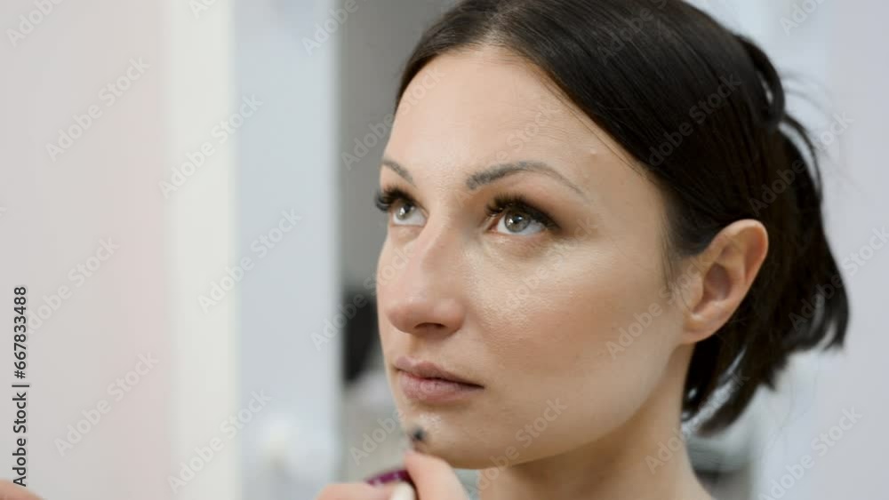 stylist make-up artist paints a young brunette girl. The makeup artist applies foundation and foundation to hide skin imperfections and pimples with a brush. stylist make-up artist paints a young brunette girl. The makeup artist applies foundation and foundation to hide skin imperfections and pimples with a brush.