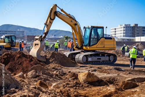 A busy construction site with workers and heavy machinery in action.