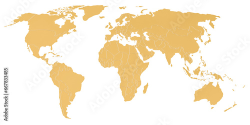 Golden map of Earth  3D rendering isolated on transparent background