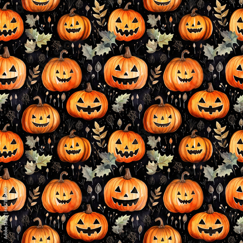 Seamless pattern with drawn fancy Halloween pumpkins