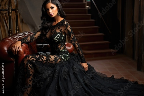 A sensual beauty in a lace gown exuding allure and sophistication