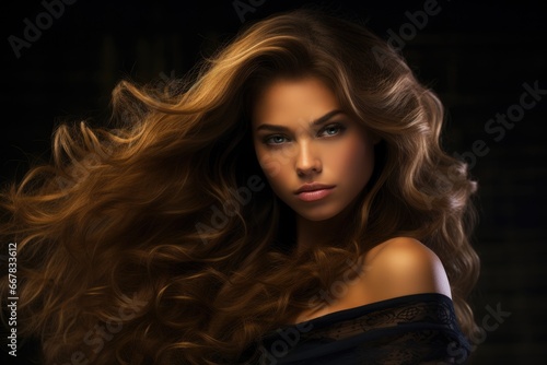 A sensuous lady with flowing hair and a sultry expression with radiating charm.