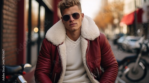 A young man in a trendy shearling moto jacket. Autumn winter street fashion outfit. photo