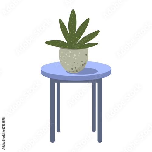 House plant on the table. Vector illustration. Pot with flower on round coffee table. Interior element. Stand under cachepot with green plant. 