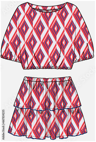 DOLMAN SLEEVES CROP TOP PAIRED WITH TIERED SKIRT WITH GEOMETRIC PATTERN DETAIL DESIGNED FOR TEEN AND KID GIRLS IN VECTOR ILLUSTRATION