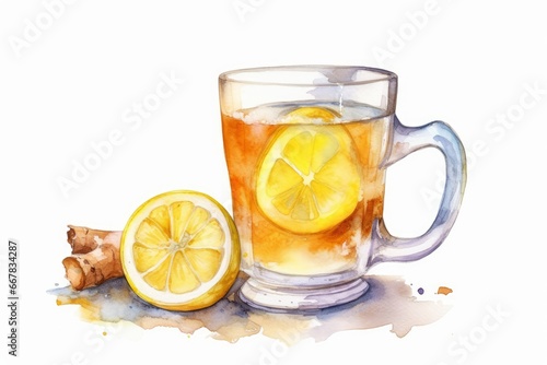 Watercolor Hot Honey Lemon Ginger Drink in a Mug on White Background. AI generated