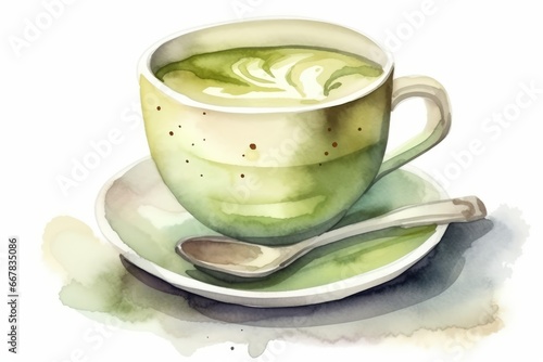 Watercolor Hot Pistachio Milk Coffee Cup on White Background. AI generated
