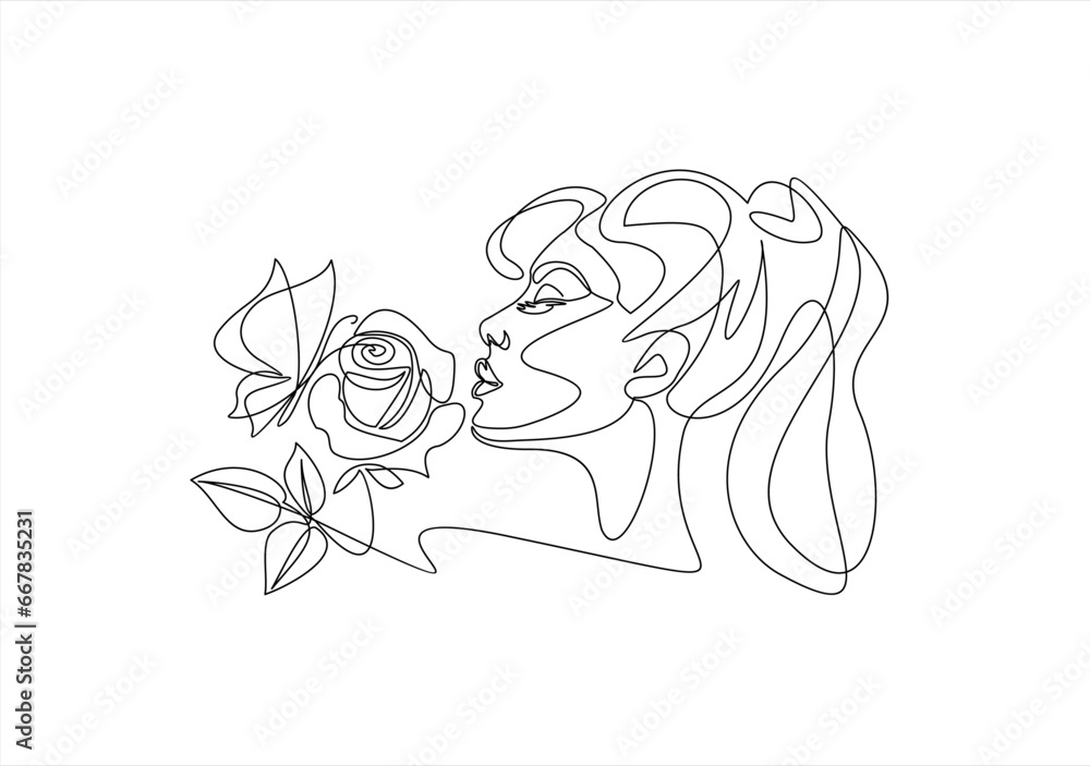 Beautiful woman face with rose and butterfly. Abstract composition hand draw continuous line. Hand-drawn vector line-art illustration. One Line style drawing.
