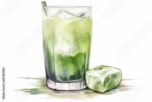 Watercolor Iced Matcha Latte Glass on White Background. AI generated