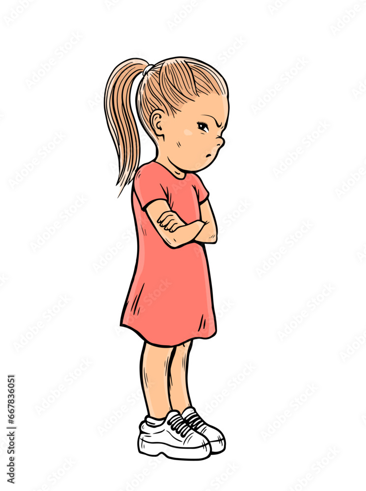 Offended little girl. Stubborn pose. Dissatisfied child. conflict and communication difficulties. Cartoon vector illustration isolated on white background. Hand drawn line Offended little girl. Stubborn pose. Dissatisfied child. conflict and communication difficulties. Cartoon vector illustration isolated on white background. Hand drawn line