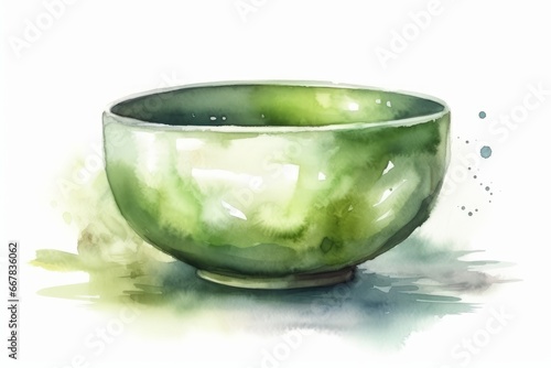 Watercolor Matcha Green Tea Bowl on White Background. AI generated