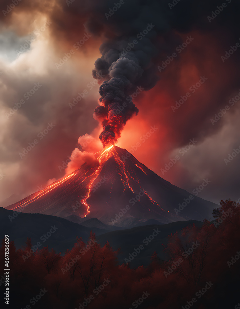 volcano, heavy red smoke, volcano erulating into the sky