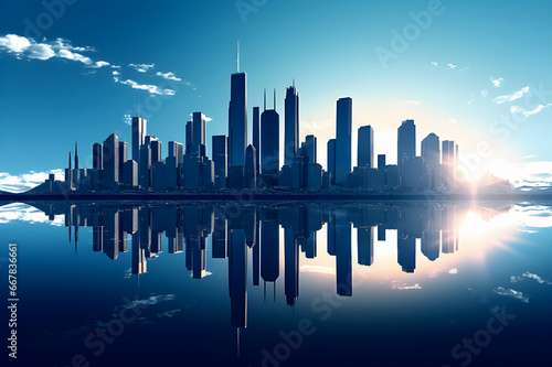 City skyline, tall buildings, blue sky, clouds, sunlight, reflection, water, modern, architecture, skyscrapers, horizon, serene, urban, futuristic © weerasak