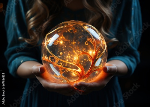 person holding a glass sphere