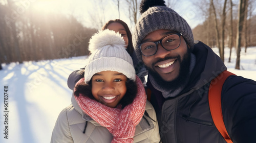 copy space, stockphoto, black family taking a selfie while walking in a winter landscape. Happy family with parents, boy, girl. Togetherness. Happy family walking outdoors during winter time. © Dirk