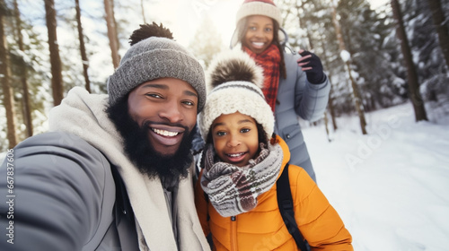 copy space, stockphoto, black family taking a selfie while walking in a winter landscape. Happy family with parents, boy, girl. Togetherness. Happy family walking outdoors during winter time. © Dirk