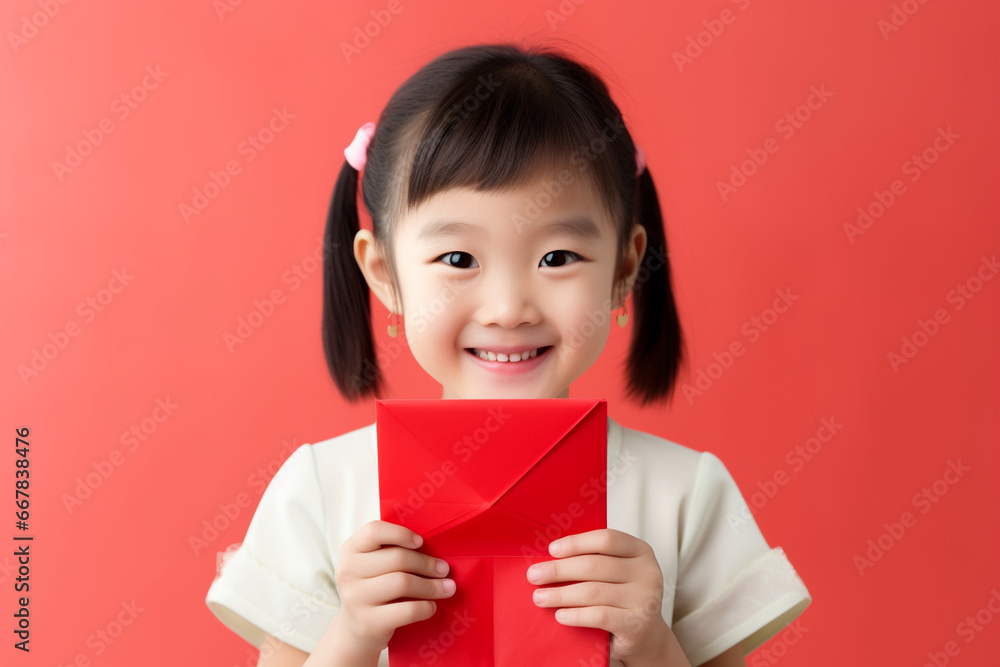 A young child receiving a red envelope (hongbao) with a joyful smile, love and creativity with copy space A young child receiving a red envelope (hongbao) with a joyful smile, love and creativity with copy space