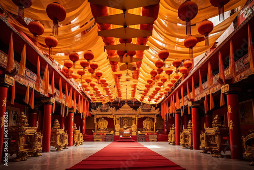 A peaceful Buddhist temple adorned with red and gold for the New Year, love and creativity with copy space