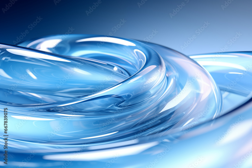 Abstract geometric blue background with glass spiral tubes, flow clear ...