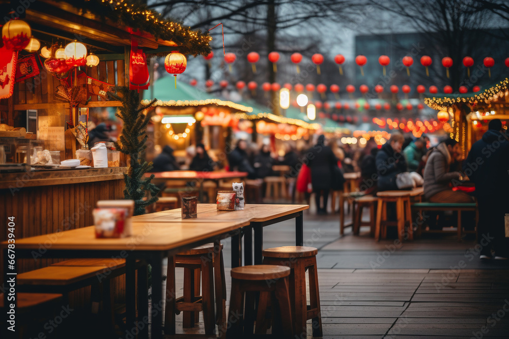 A bustling New Year's Eve market with street food stalls, love and creativity with copy space A bustling New Year's Eve market with street food stalls, love and creativity with copy space