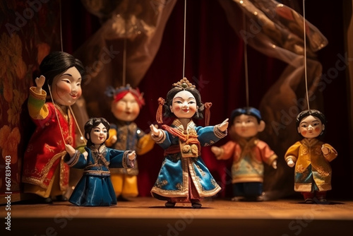 A traditional Chinese puppet show with intricate puppets, love and creativity with copy space