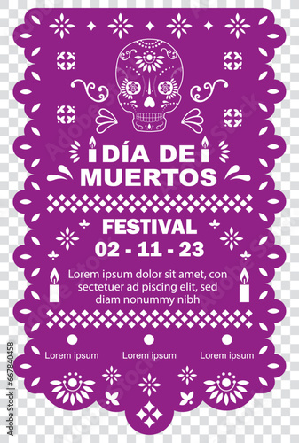 Cartel invitación de papel picado del día de muertos, festividad mexicana