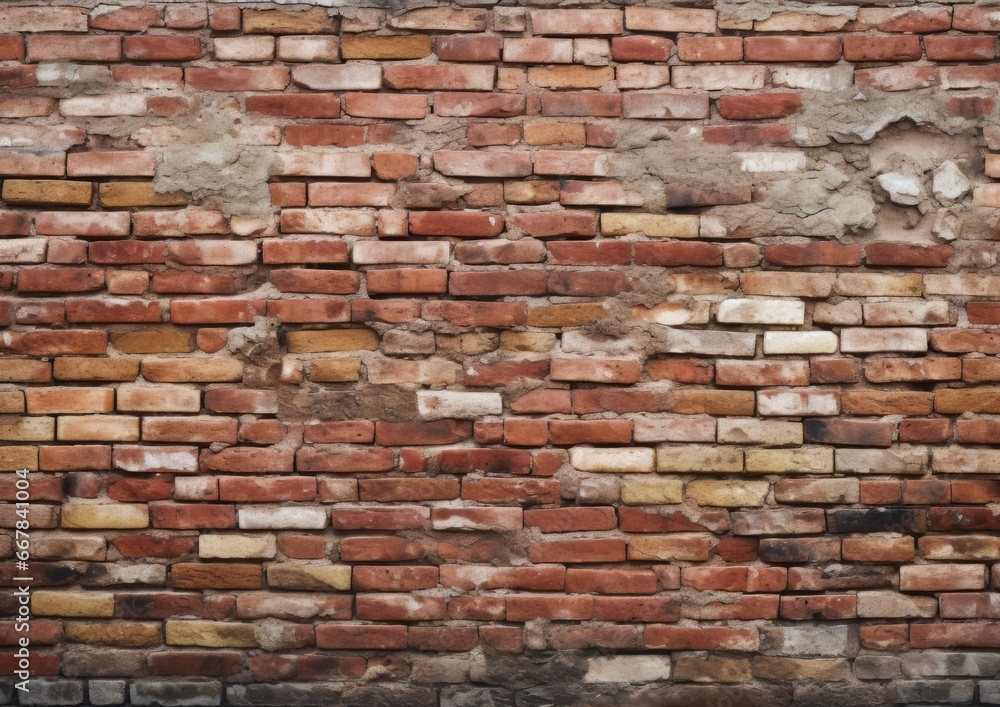Fototapeta premium Old red orange brick wall background texture, wide panorama of masonry