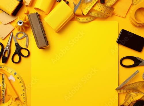 school supplies with on yellow background, The concept of education, text space