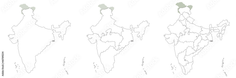 Map of India set. India map set with grey and colorful 