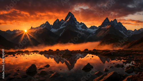 The silhouette of jagged mountain peaks against a vivid orange sunset. Generative AI © Zohaib