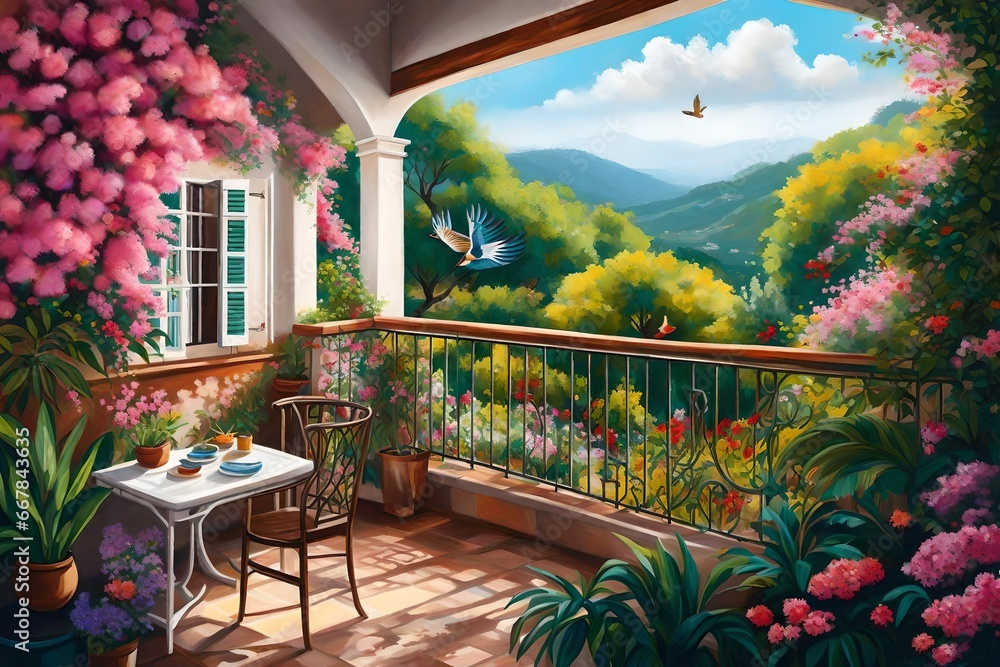 A depiction of a pretty, cozy balcony overlooking a lush garden in full bloom