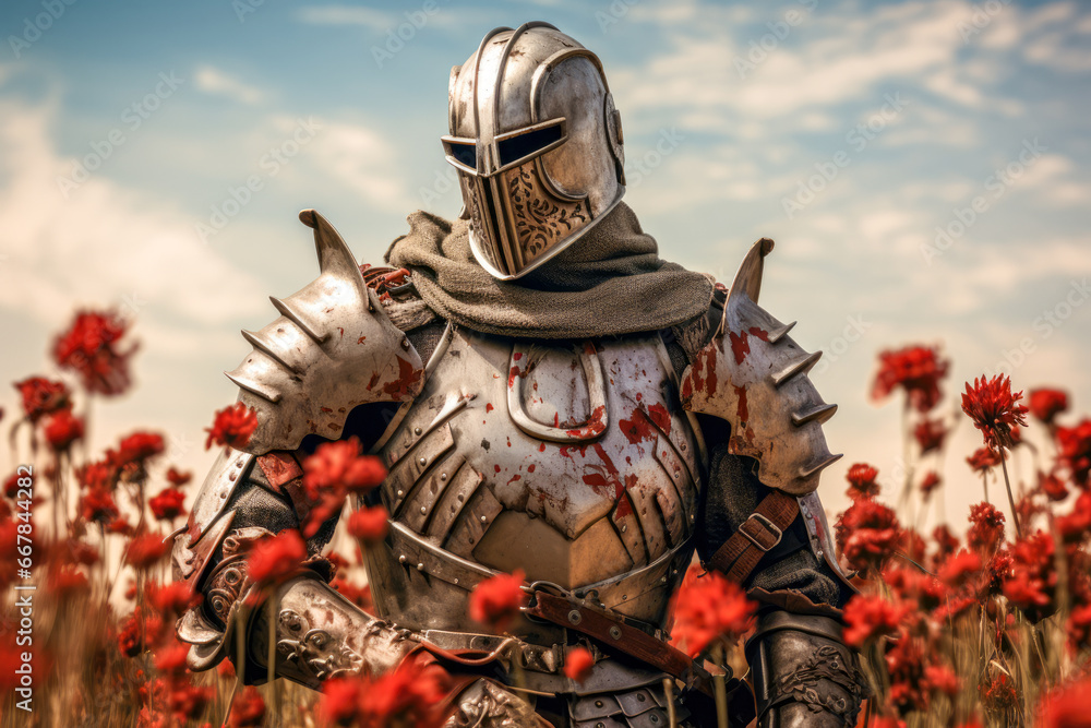 Medieval knight in the field of red poppies - obrazy, fototapety, plakaty 