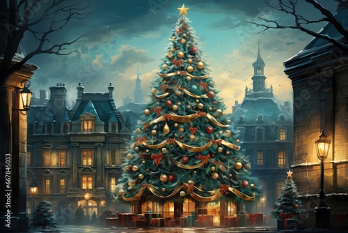 Fairytale Christmas tree house in the center of a medieval city. New Year card
