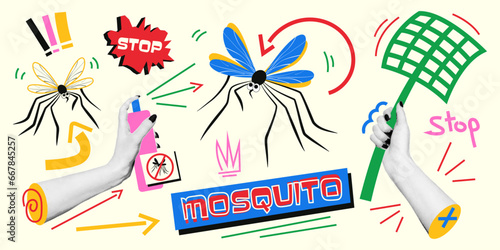Collage with anti-mosquito elements. Vector illustration in retro collage style with halftone effect and doodle elements.