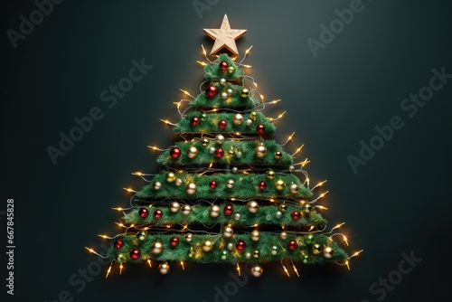 Fancy alternative christmas tree with star made of artificial materials and festive garland on green background. Sustainable Christmas and new year, zero waste, eco friendly concept