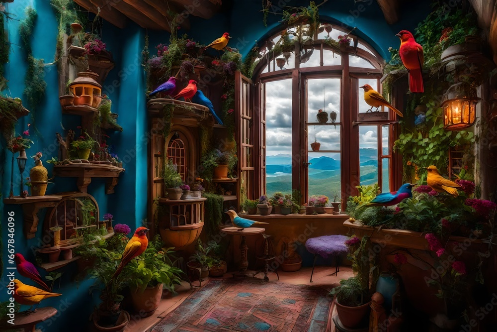 A charming, whimsical balcony tucked away in a world of fantasy, bursting with surreal colors and dreamlike elements