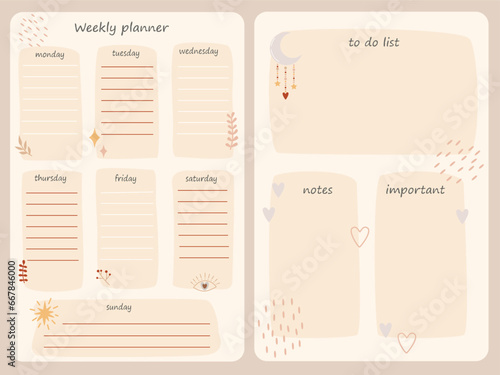 Pink vector weekly planner with boho elements hand drawn, notes, stationery organizer for daily plans, schedules